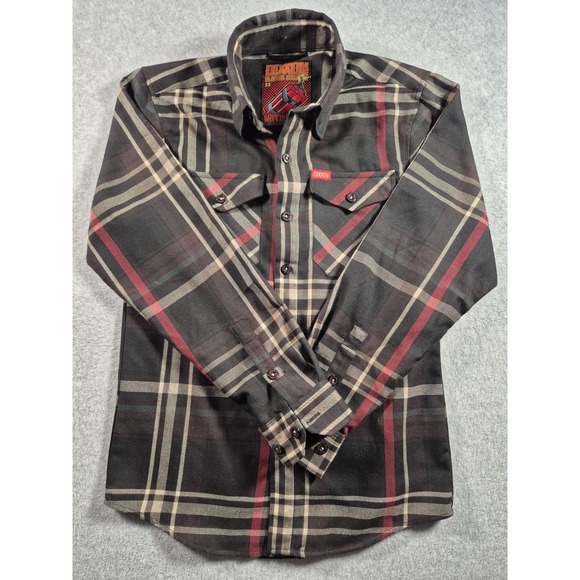 DIXXON Other - DIXXON Flannel Haymarket Bomb Graphic Men's Shirt Brown Plaid Button Up Sz XS